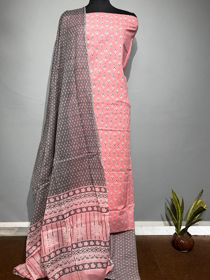 Pure Cotton Hand Block Print Unstitched Suit With Cotton Dupatta