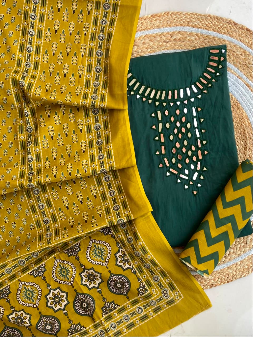 Pure Cotton Azrakh Print Unstitched Suit With heavy mirror work