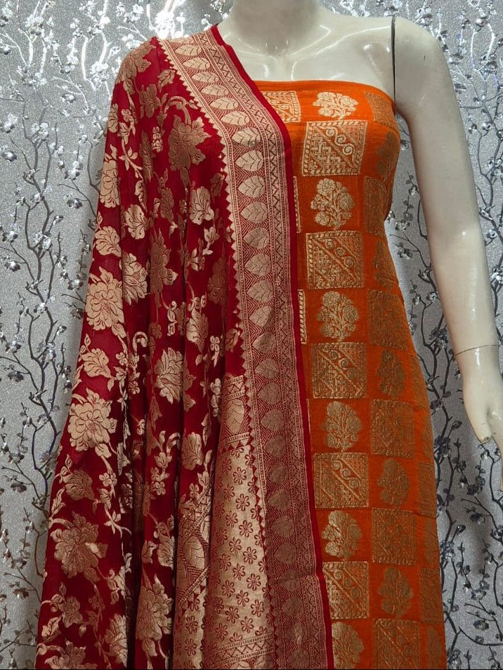 Pure Khaddi Chiffon Unstitched Suit With Zari Work.