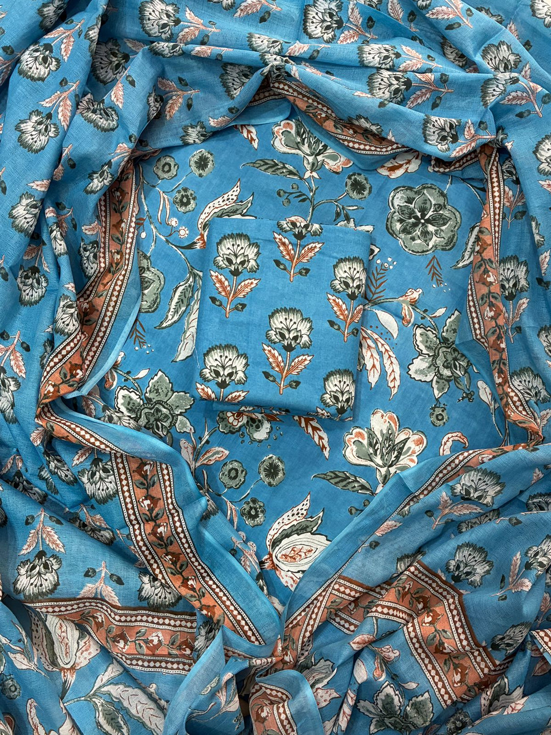 Pure Cotton Hand Block Print Unstitched Suit With Cotton Dupatta.