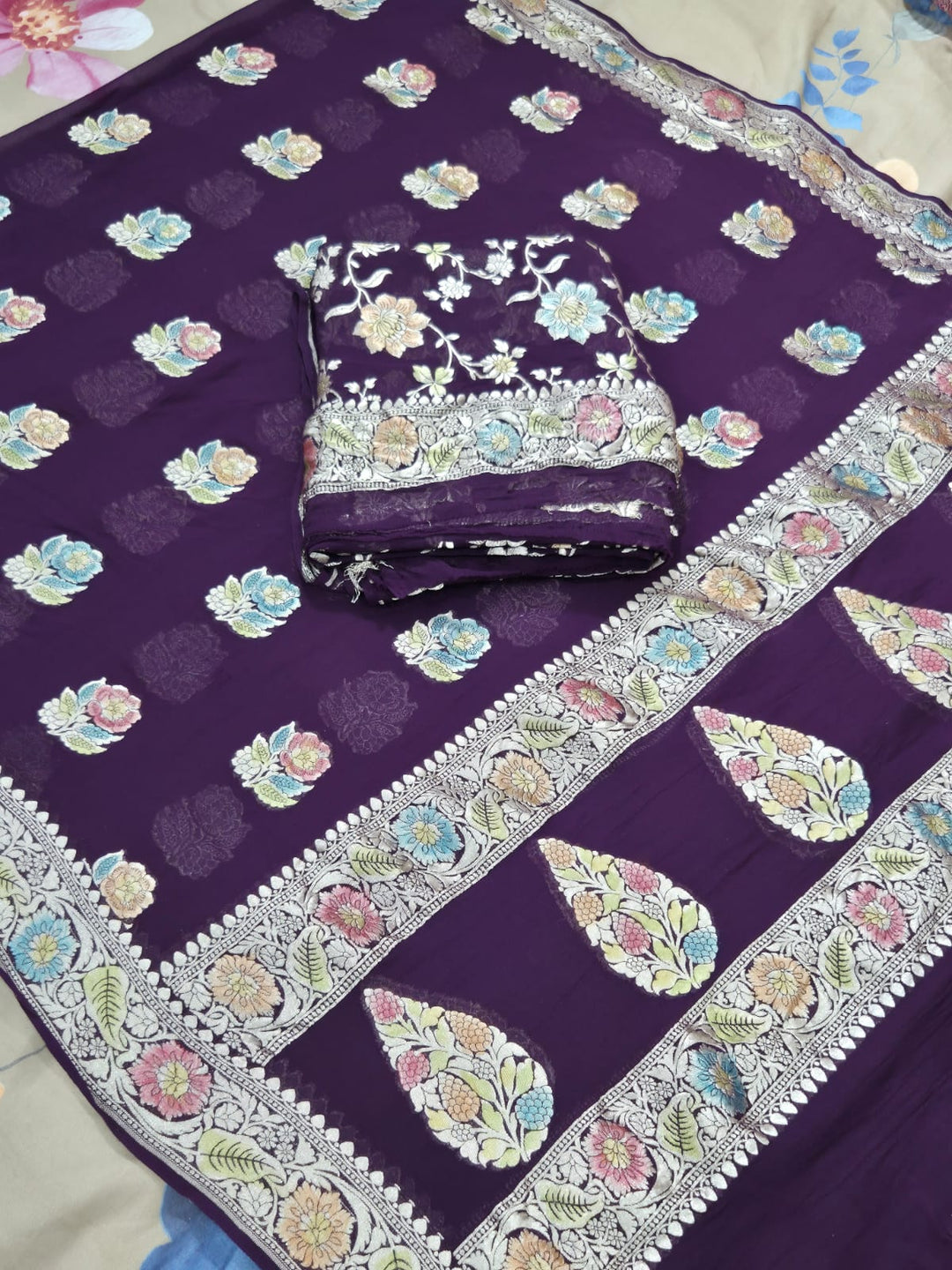 Pure Khaddi Chiffon Unstitched Suit With Water Zari Work.