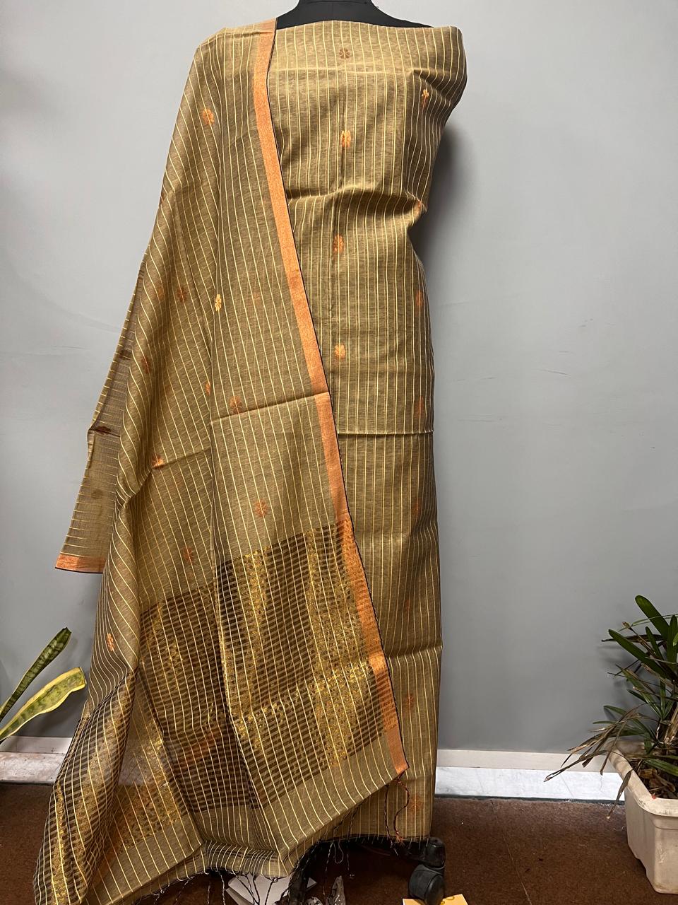 Pure Maheshwari Silk Hand Loom Unstitched Suit.(2pc Set)