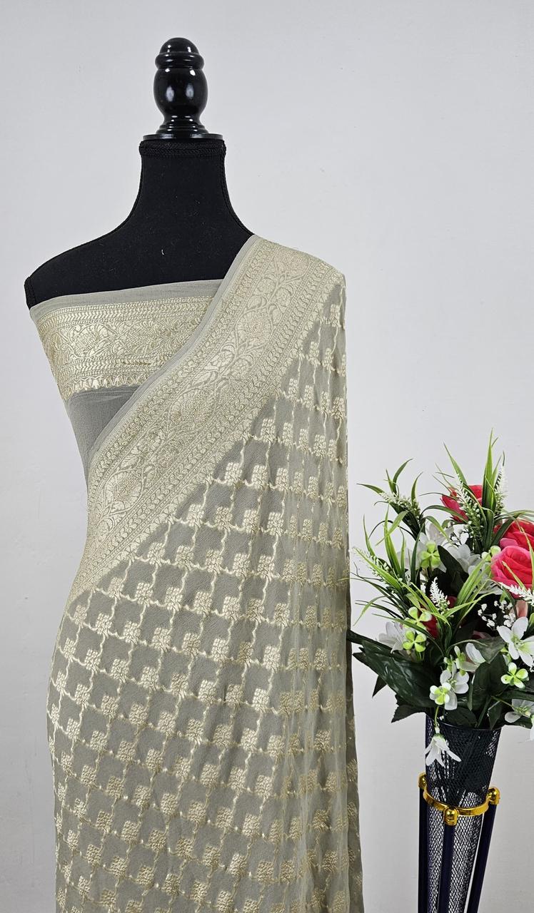 Pure Banarasi Handloom Khaddi Georgette Silk Water Zari Work Saree. | NEW EDITION |