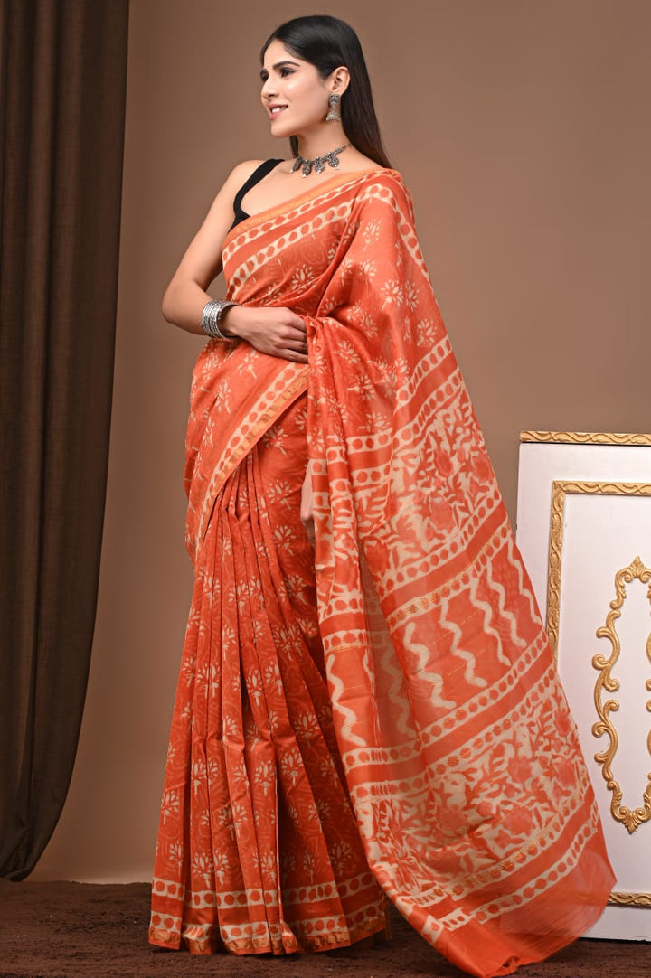 Hand Block Print Pure Chanderi Saree With Blouse .