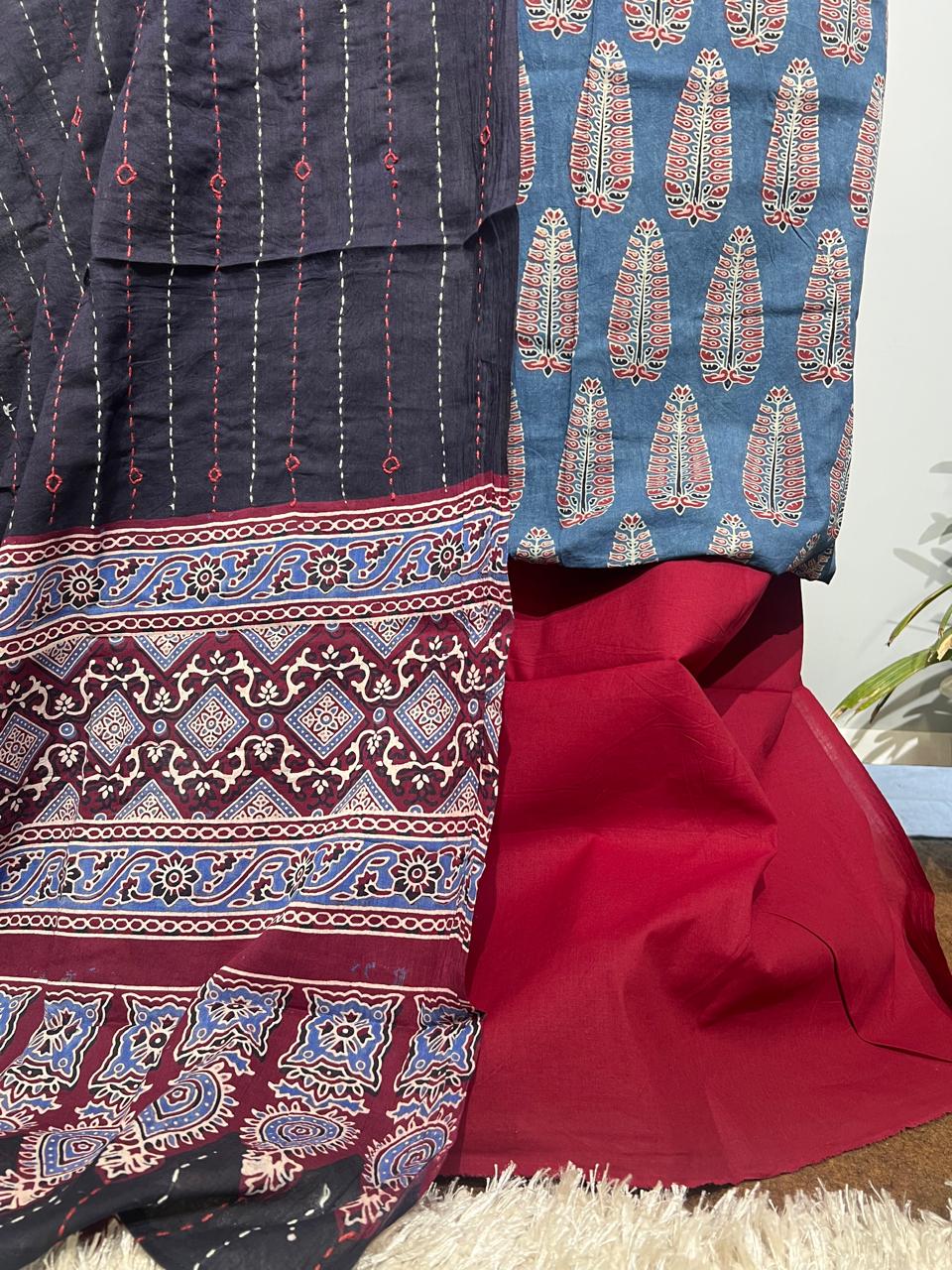 Pure Cotton Azrakh Print Unstitched suit With katha work Dupatta