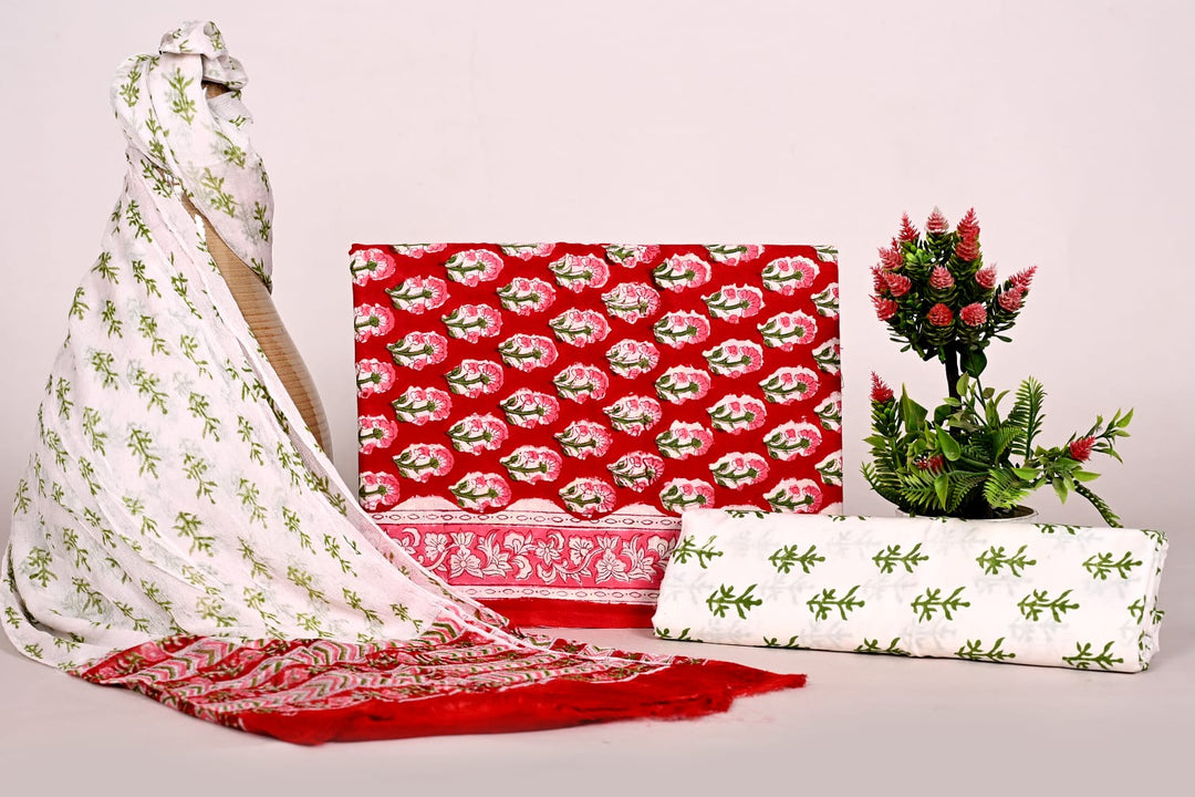 Pure Cotton Hand Block Print Unstitched Suit With Chiffon Dupatta