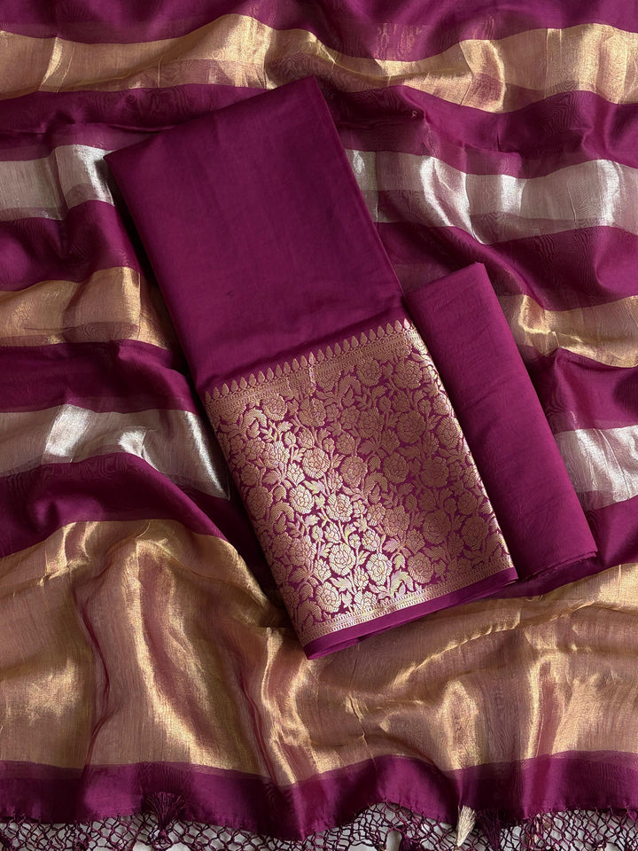 Pure Banarasi Chanderi Zari Work Unstitched Suit With Chanderi Silk Tissue Stripe Dupatta.