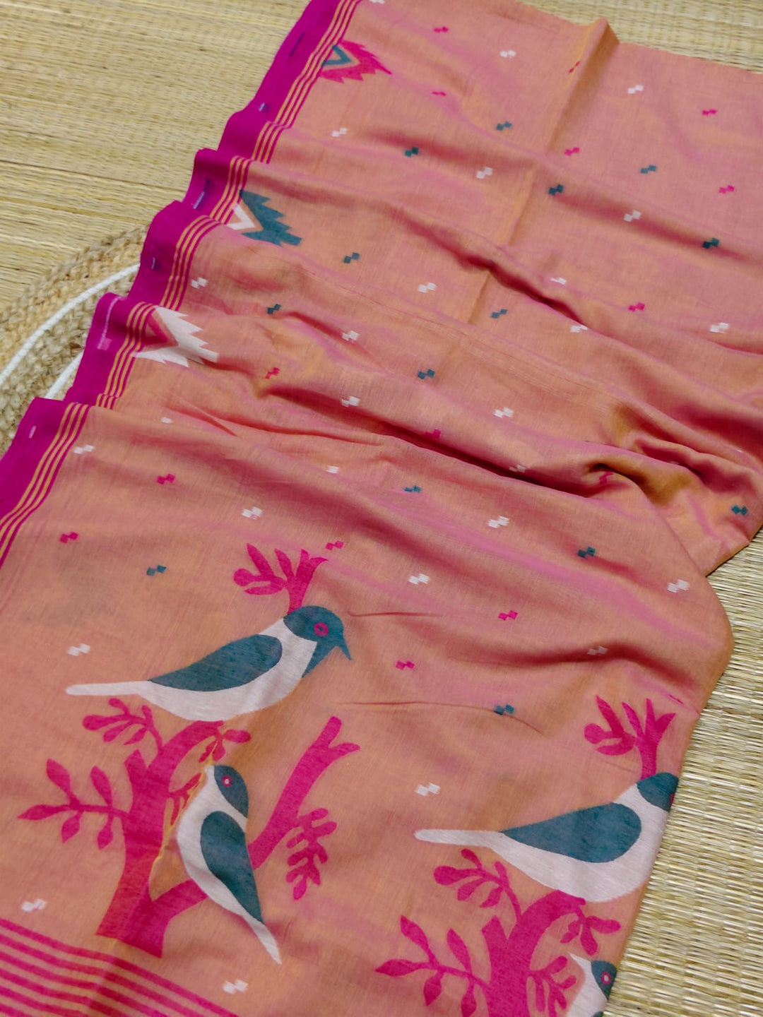 Pure Cotton Handloom Jamdani Bird Motif Saree With Blouse