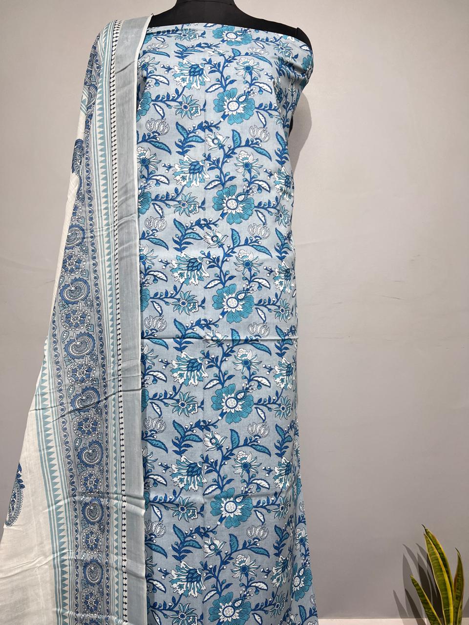 Pure Cotton Hand Block Print Unstitched Suit With Cotton Dupatta