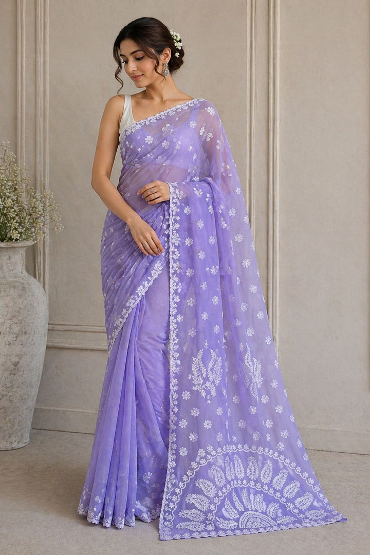 Pure Chiffon Chikankari Half Jaal Work Hand Embroidery Saree with Blouse