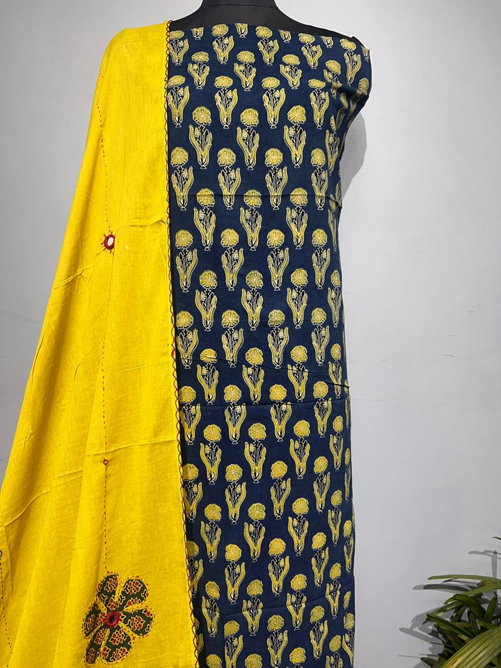Pure Cotton Azrakh Print Unstitched suit With katha work Dupatta