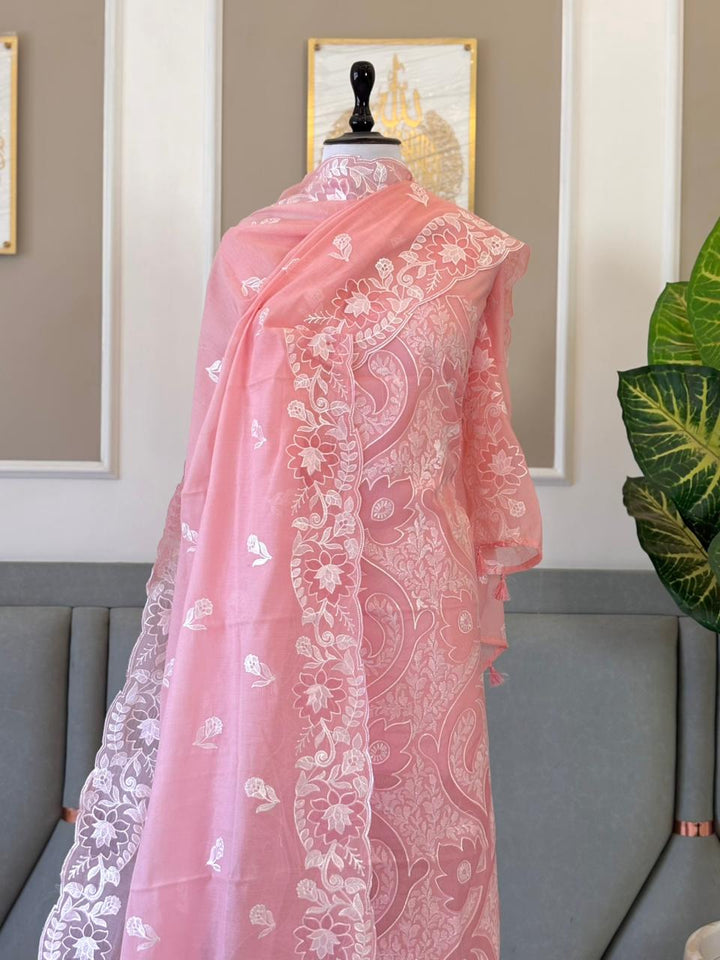 Pure Banarasi Mul Chanderi Silk Unstitched Suit With Embroidery Work