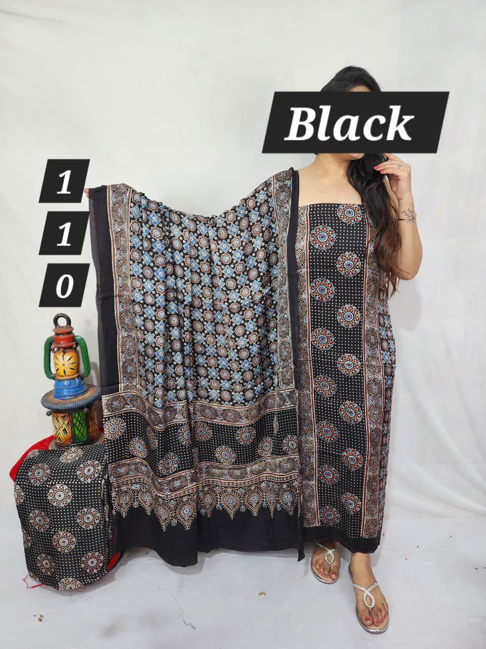 Pure modal silk ajrakh natural 3pc Unstitched  suit