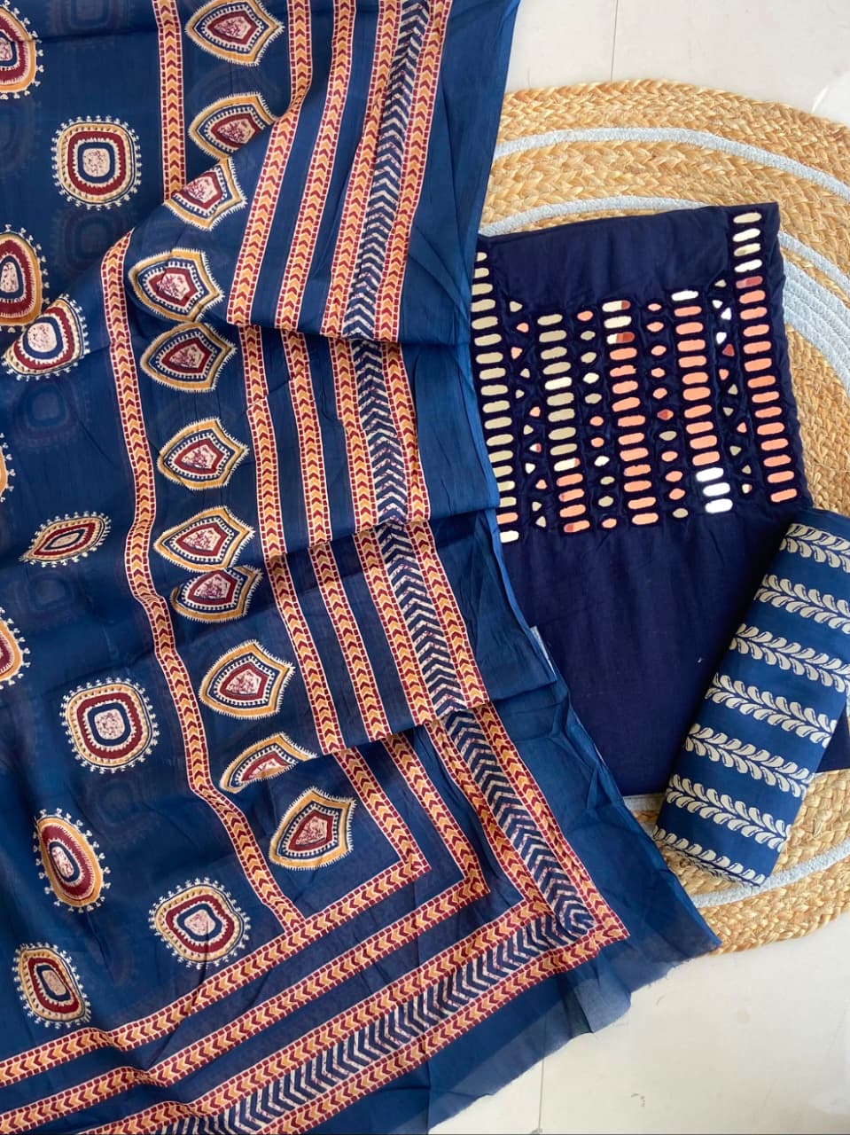 Pure Cotton Azrakh Print Unstitched Suit With heavy mirror work
