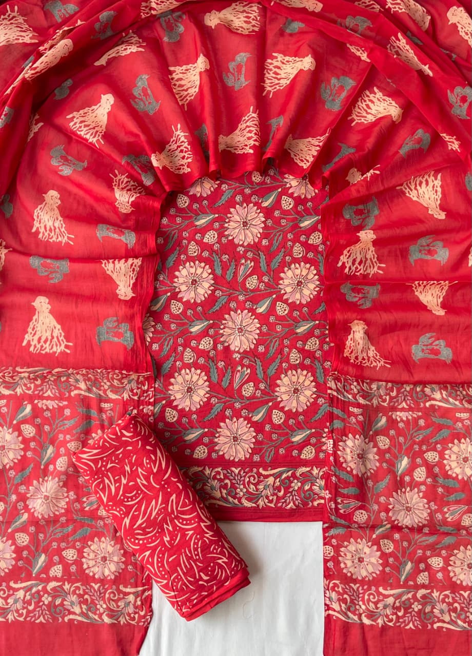 Pure Cotton Hand Block Print Unstitched Suit With Cotton Dupatta