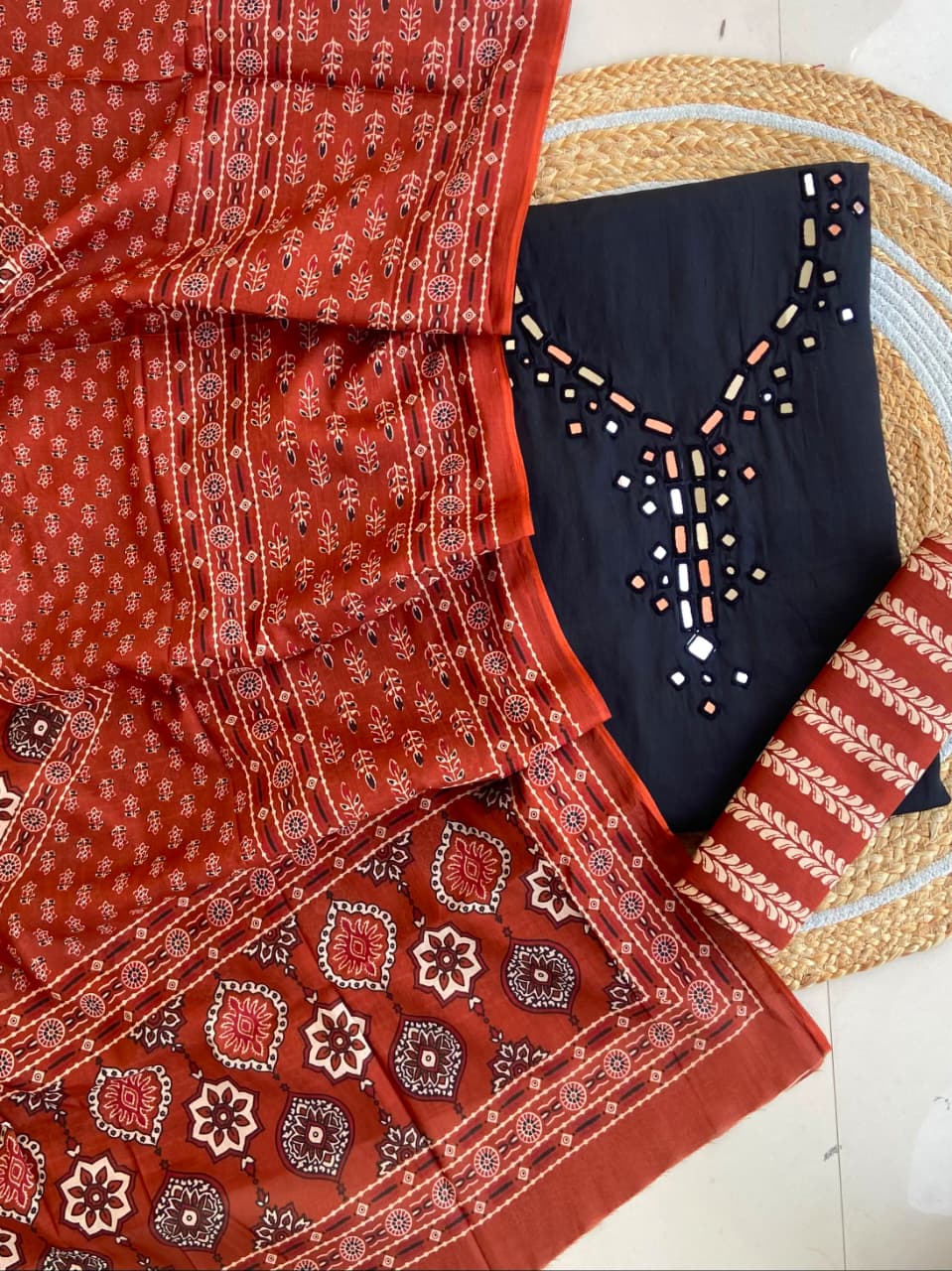 Pure Cotton Azrakh Print Unstitched Suit With heavy mirror work