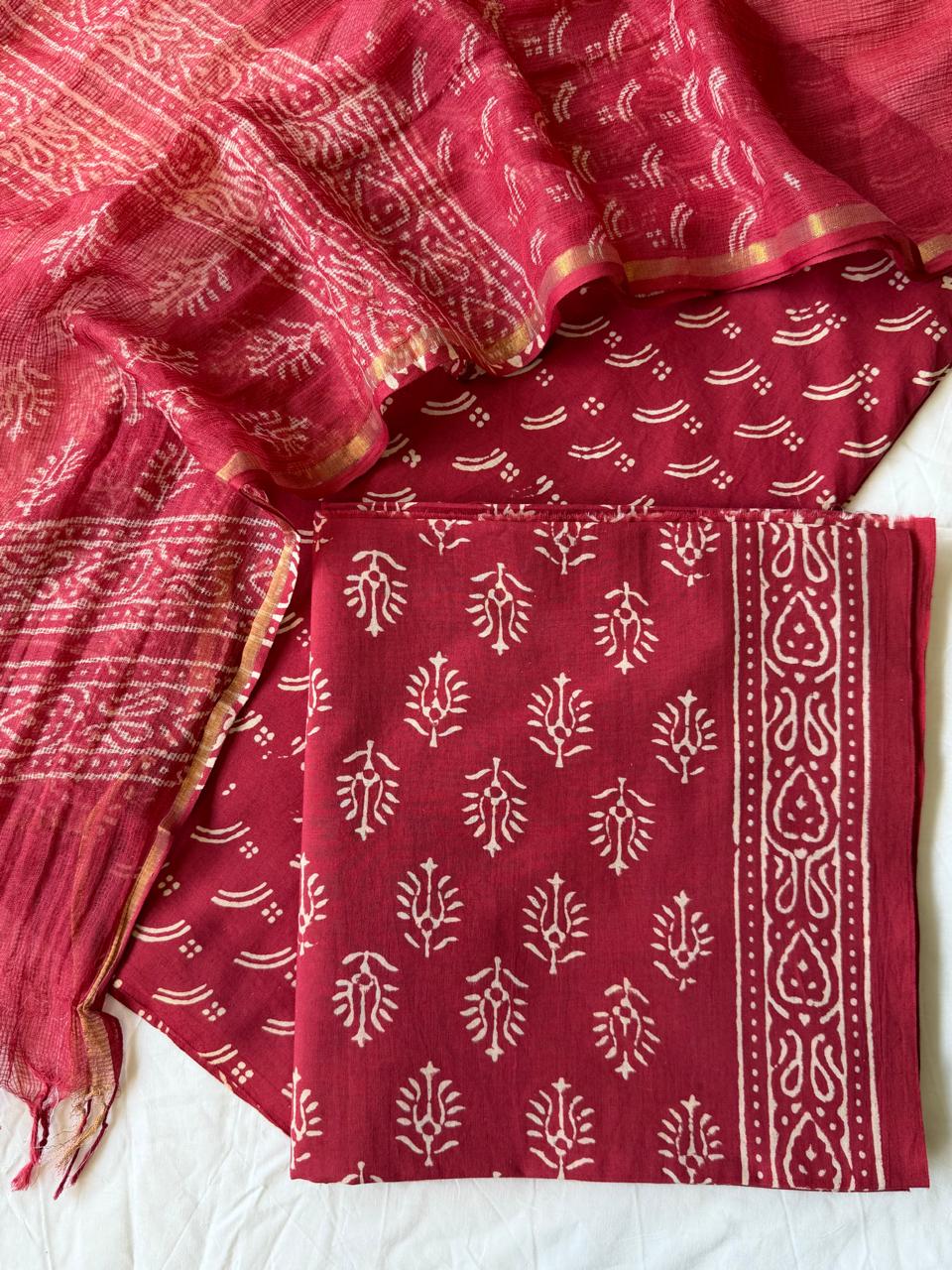 Pure Cotton Hand block print Unstitched Suit with Kota Dupatta