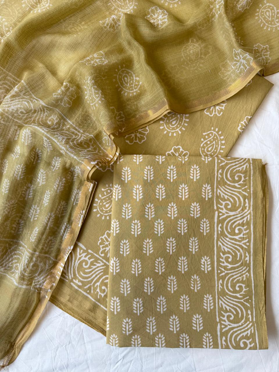 Pure Cotton Hand block print Unstitched Suit with Kota Dupatta