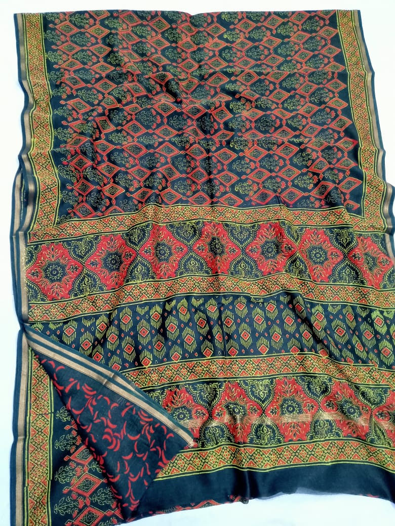 Pure Chanderi Silk Hand Block Print Saree.