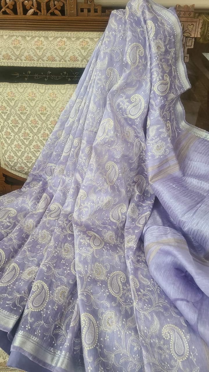 Pure Silk Linen By Linen Saree with Embroidery Work.( length- 6.3 meter )