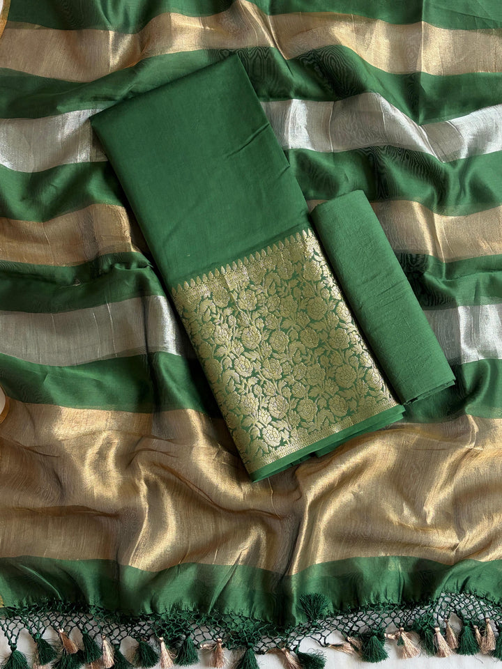 Pure Banarasi Chanderi Zari Work Unstitched Suit With Chanderi Silk Tissue Stripe Dupatta.