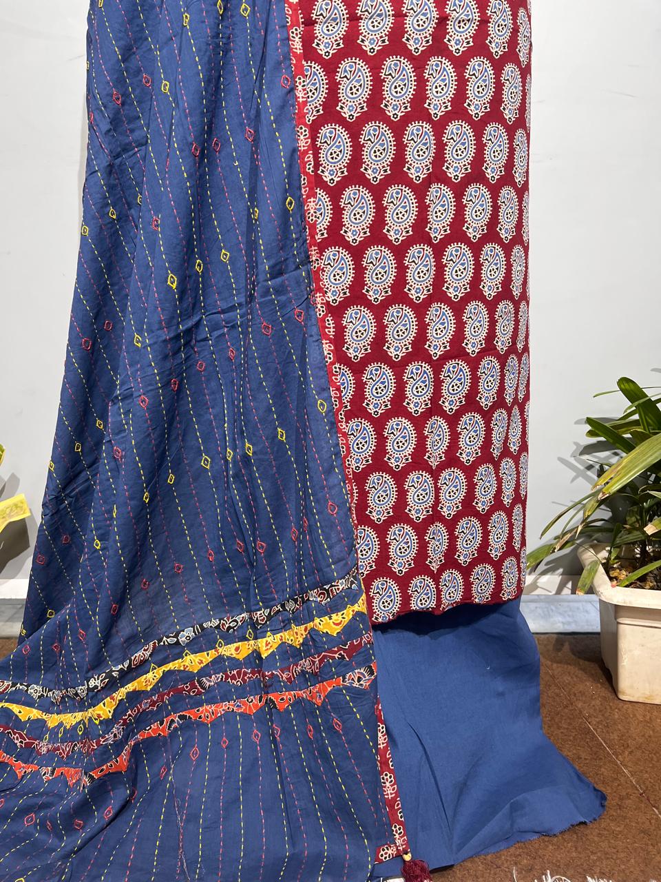 Pure Cotton Azrakh Print Unstitched suit With Dupatta.