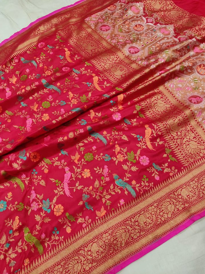 Pure  Katan Silk Handwoven All Over Antique Gold Zari And Resham Meenakri Work Saree.with Blouse.