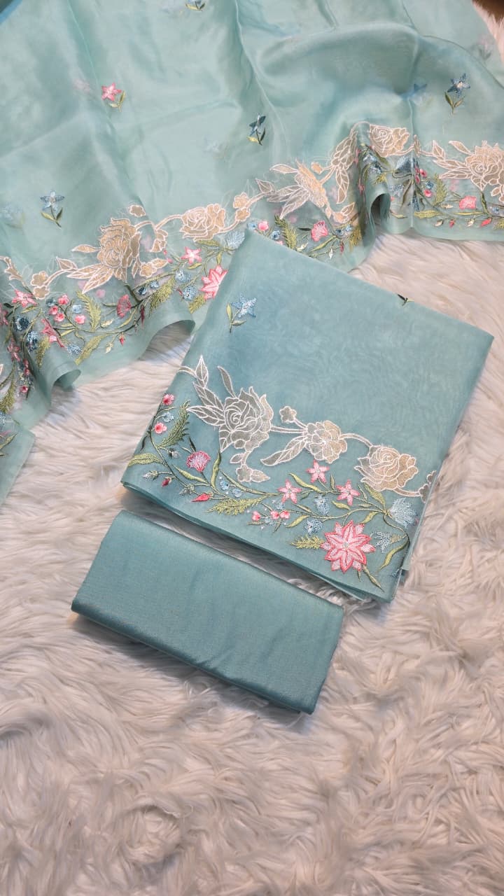 Pure Banarasi Organza Silk Applique Work Unstitched Suit.