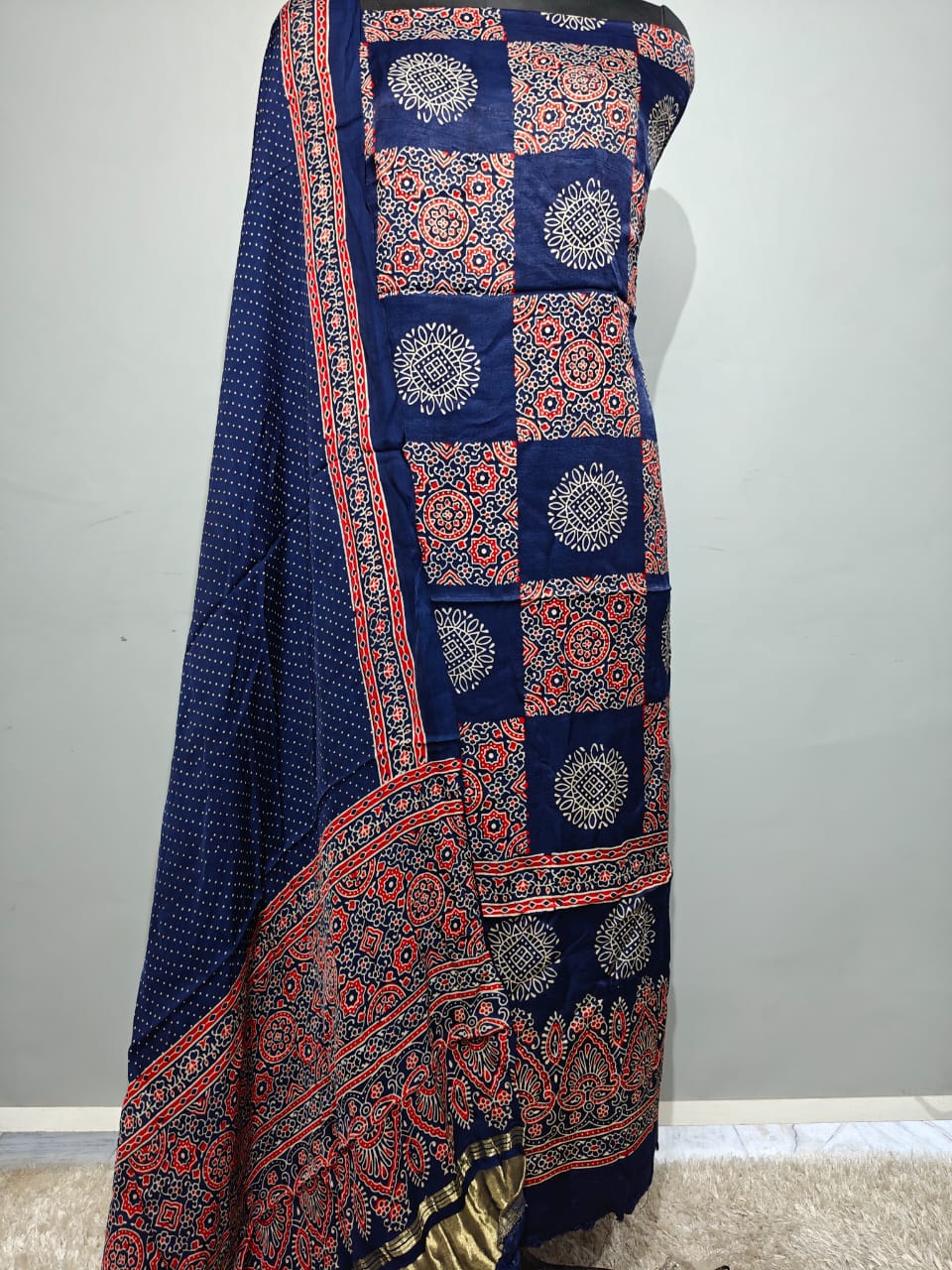 Pure Modal Silk Ajrakh Hend Block Zari Pallu Weaved 3pc Unstitched Suit