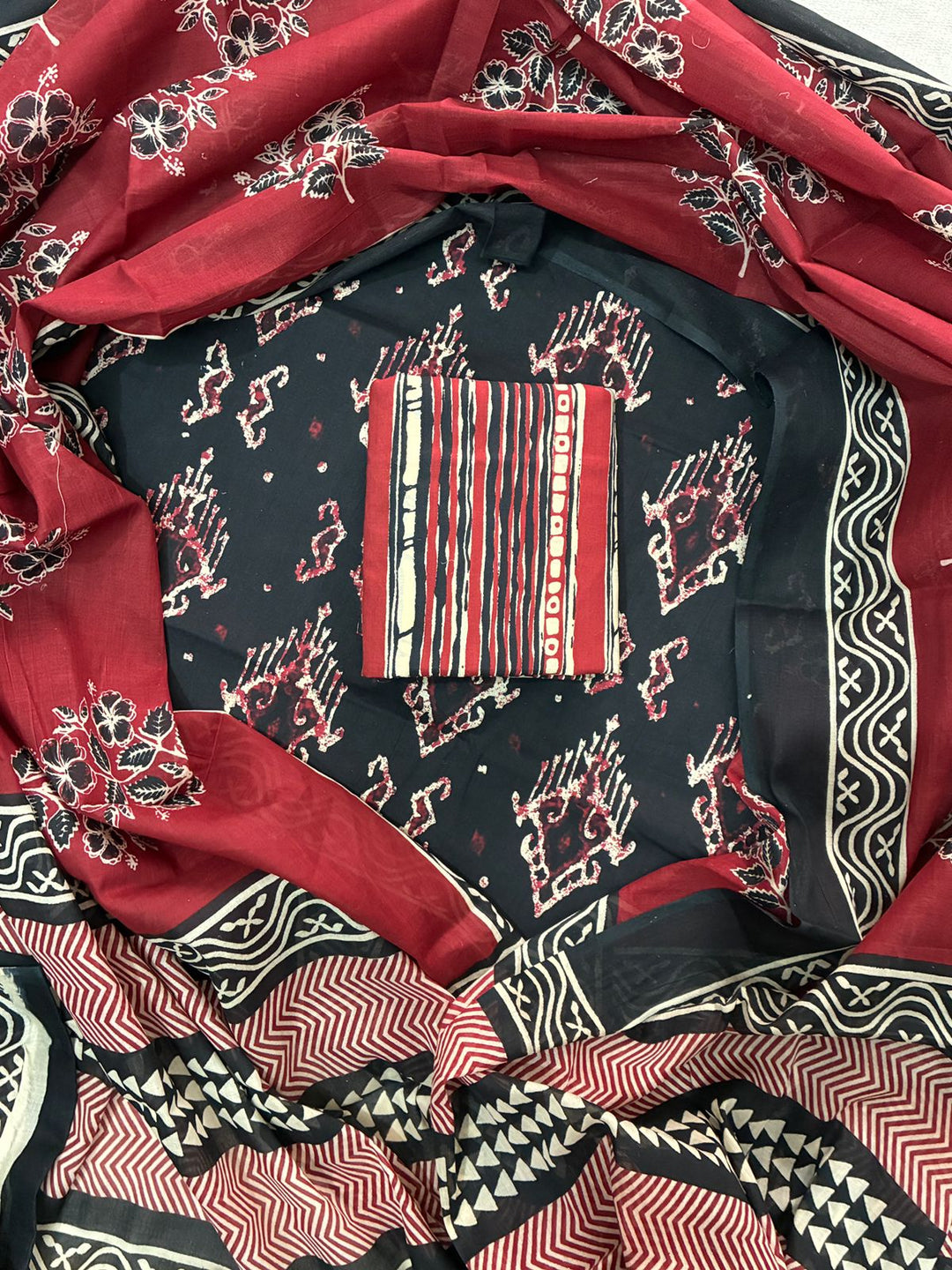 Pure Cotton Hand Block Print Unstitched Suit With Cotton Dupatta