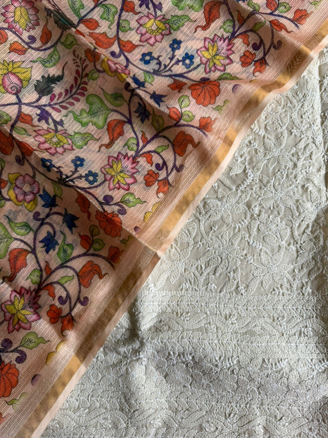 Pure Cotton Chikankari Hand Work Unstitched suit With Kalmkari Kota Doriya Dupatta.(without bottom)
