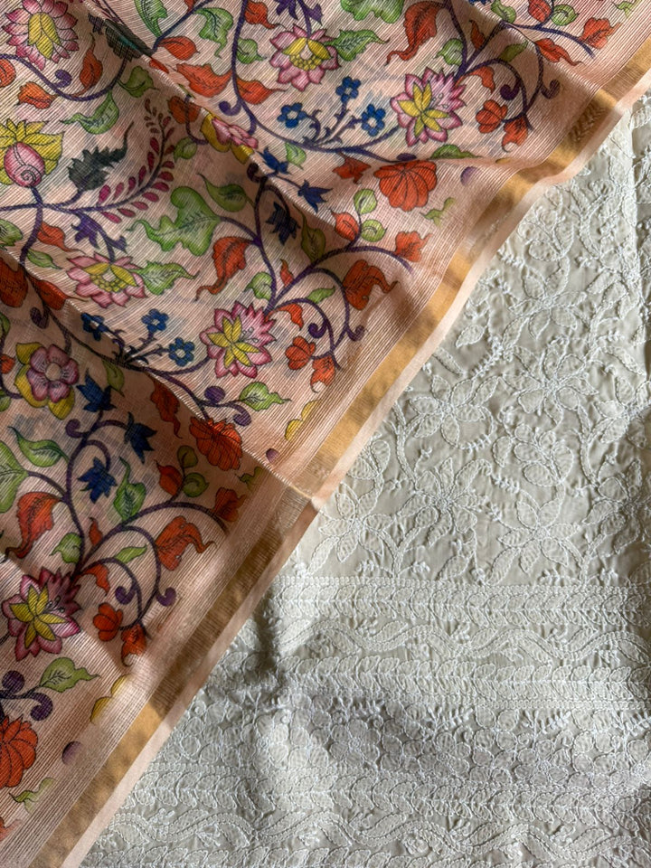 Pure Cotton Chikankari Hand Work Unstitched suit With Kalmkari Kota Doriya Dupatta.(without bottom)