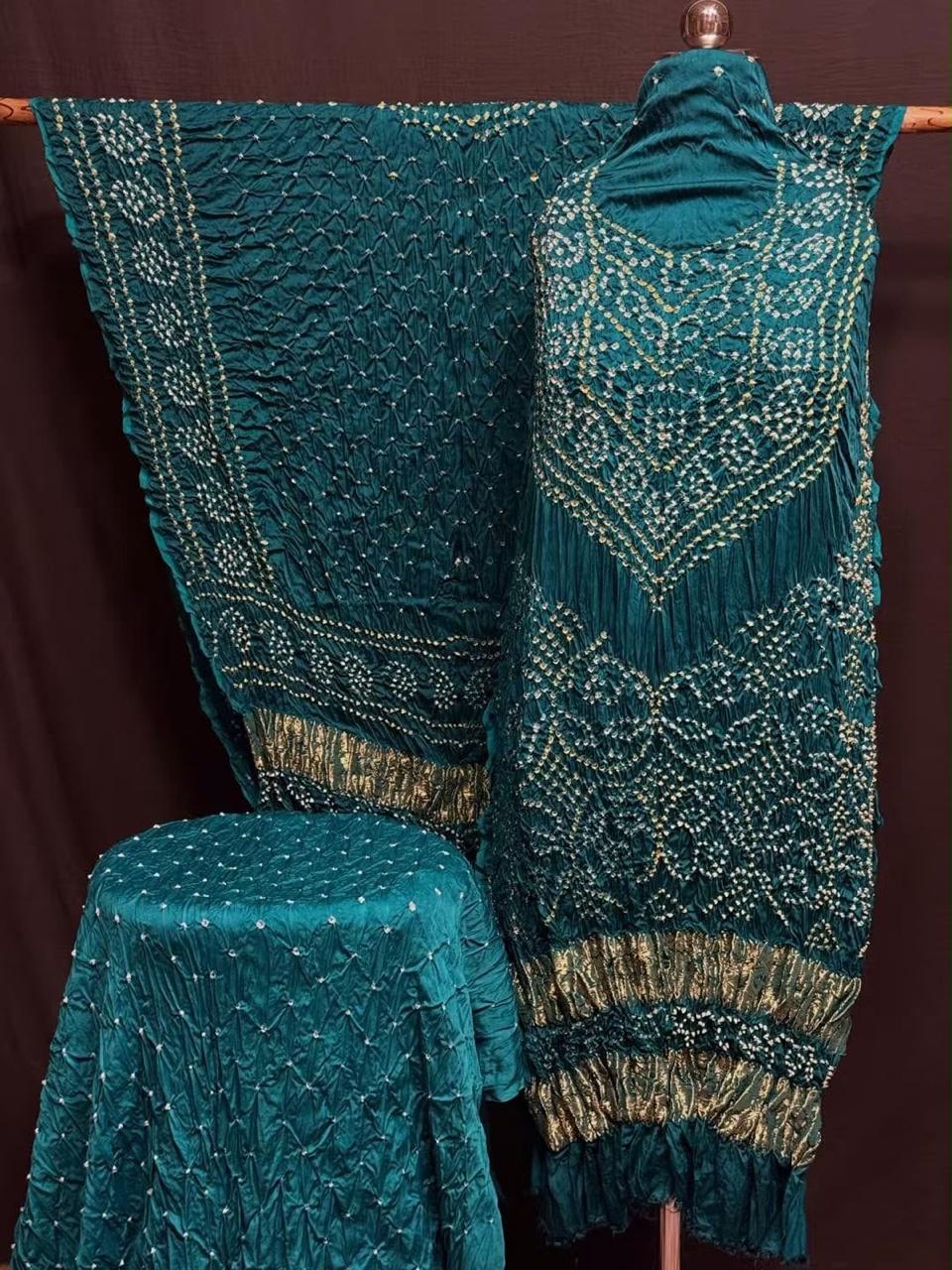 Premium Pure Modal Silk Rayi Bandhej 3-Piece Suit with Heavy Tissue Pallu Dupatta