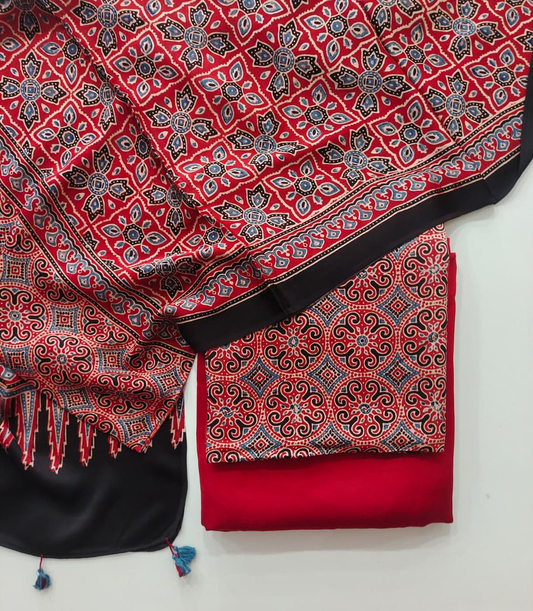 Pure Modal Silk Ajrakh Hand Block  3pc Unstitched Suit