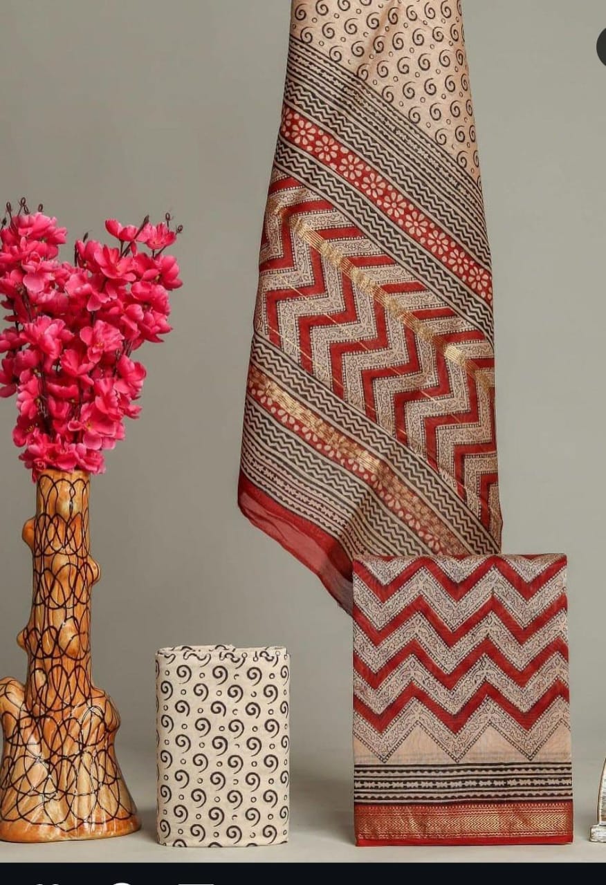 Pure Maheshwari Silk Hand block print Unstitched Suit.