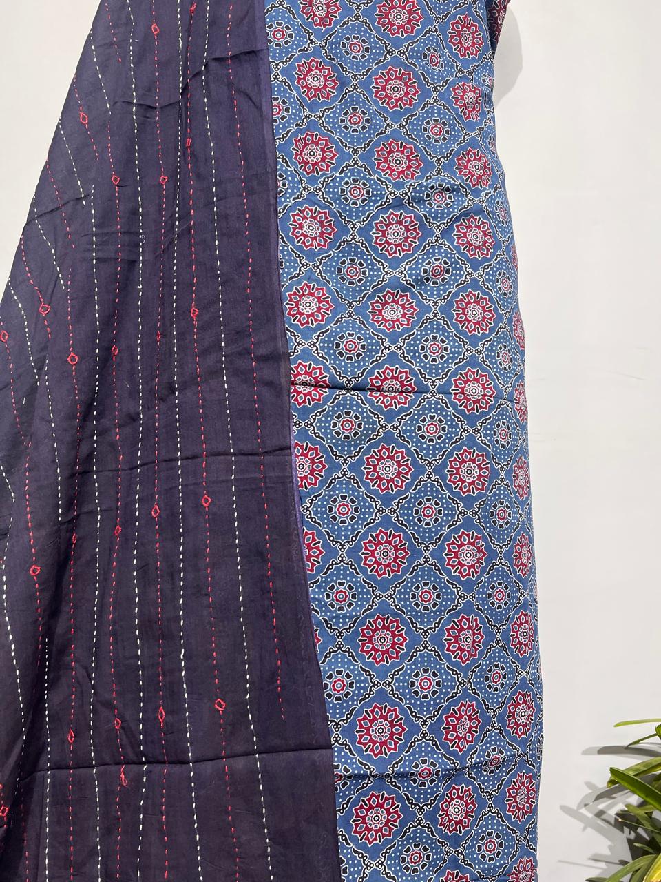 Pure Cotton Azrakh Print Unstitched suit With katha work Dupatta
