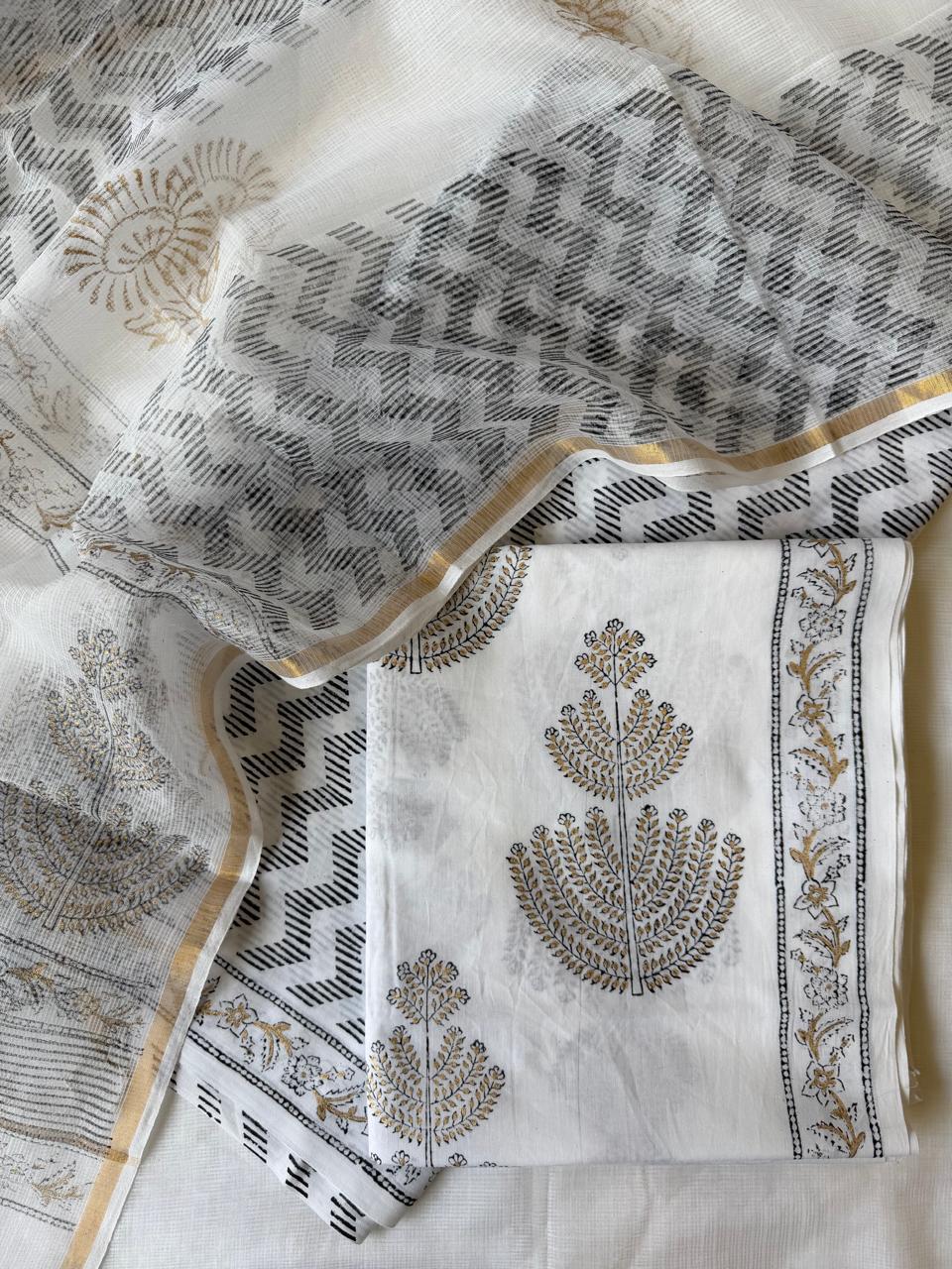 Pure Cotton Hand block print Unstitched Suit with Kota Dupatta