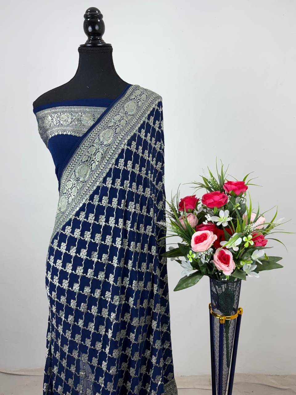 Pure Banarasi Handloom Khaddi Georgette Silk Water Zari Work Saree. | NEW EDITION |