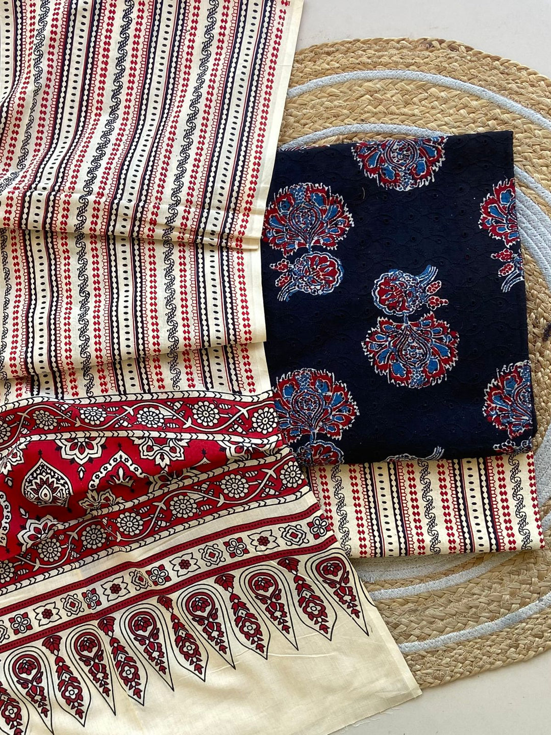 Pure Cotton Azrakh Print Unstitched Suit With  Mul cotton Duppatta
