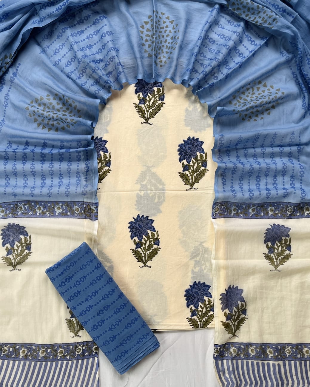 Pure Cotton Hand Block Print Unstitched Suit With Cotton Dupatta