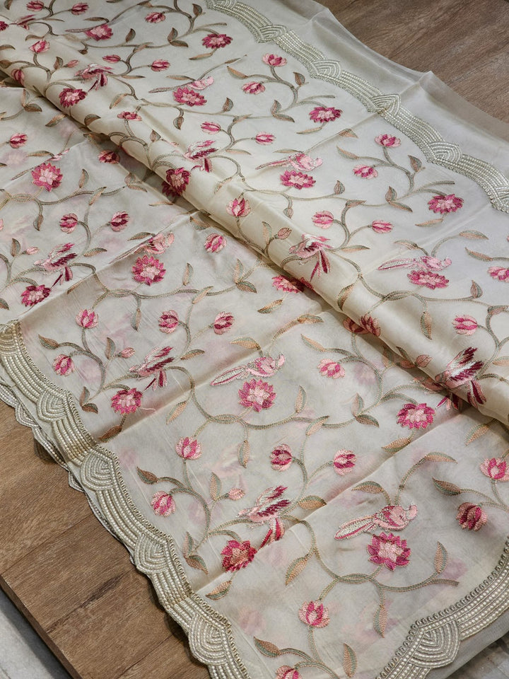 Pure Organza Silk Embroidery work Saree. with cut work border.