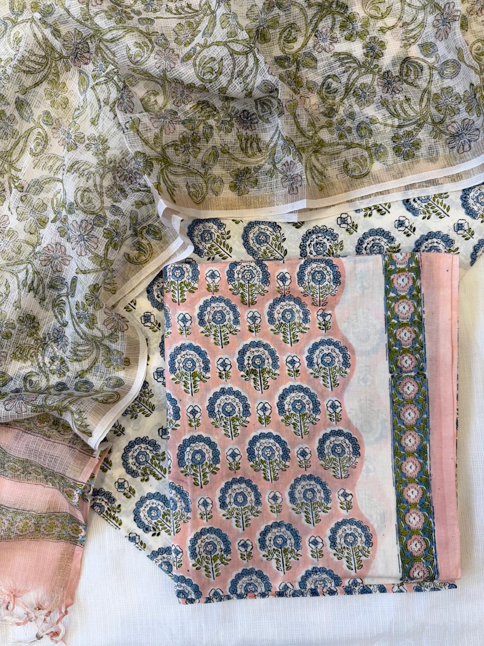 Pure Cotton Hand block print Unstitched Suit with Kota Dupatta
