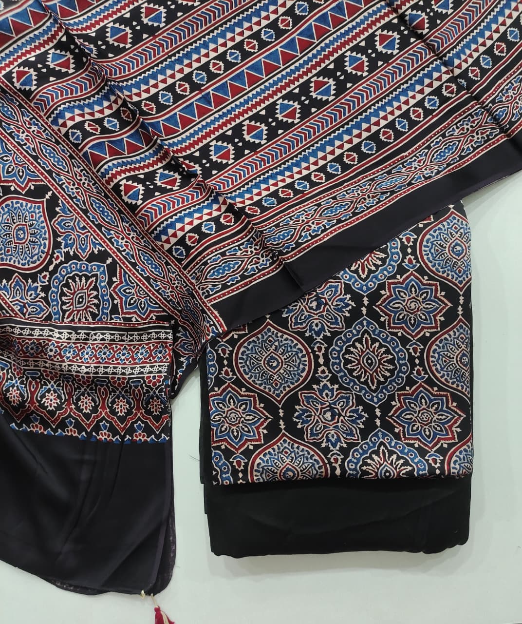 Pure Modal Silk Ajrakh Hand Block  3pc Unstitched Suit