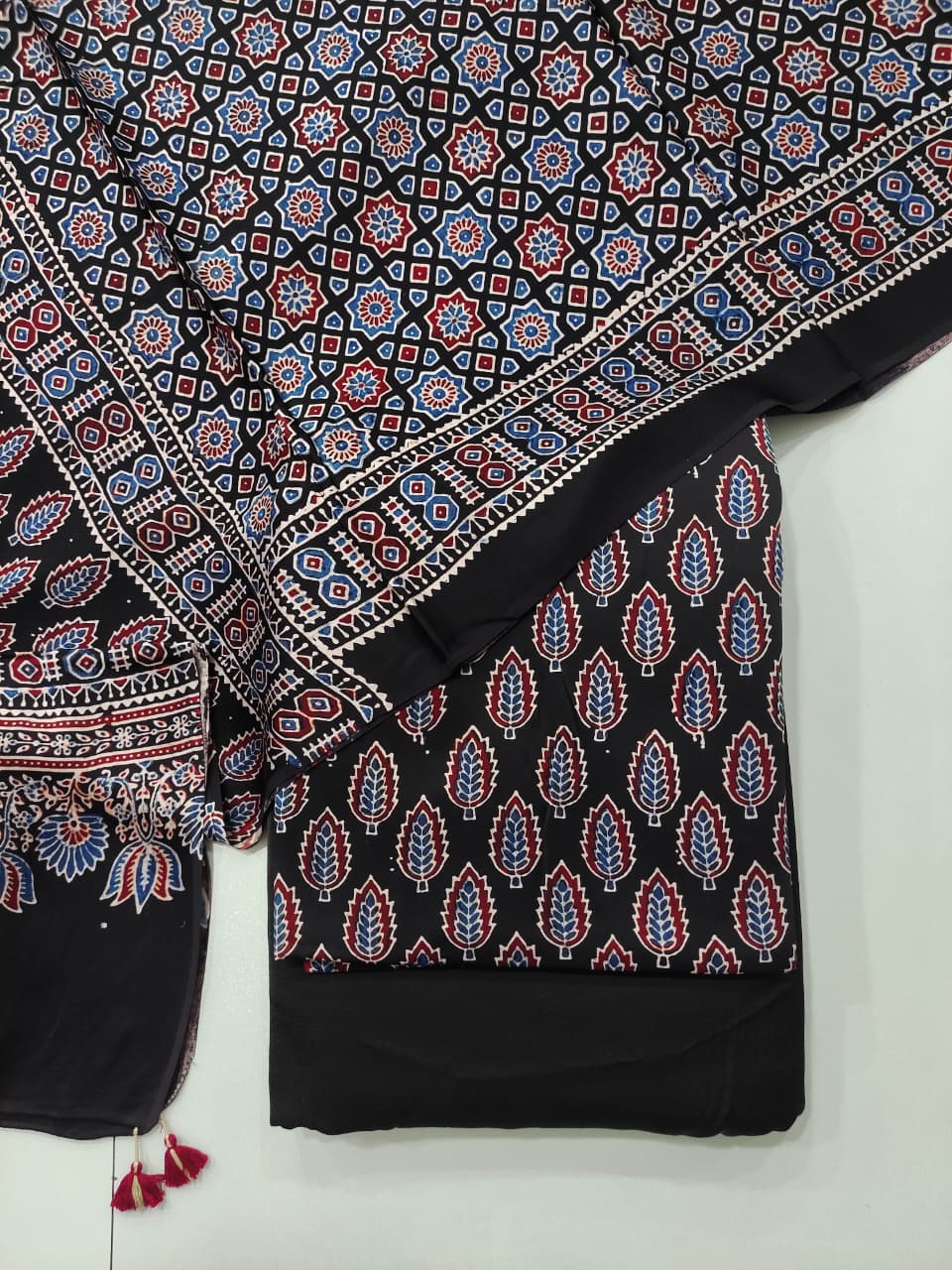 Pure Modal Silk Ajrakh Hand Block  3pc Unstitched Suit