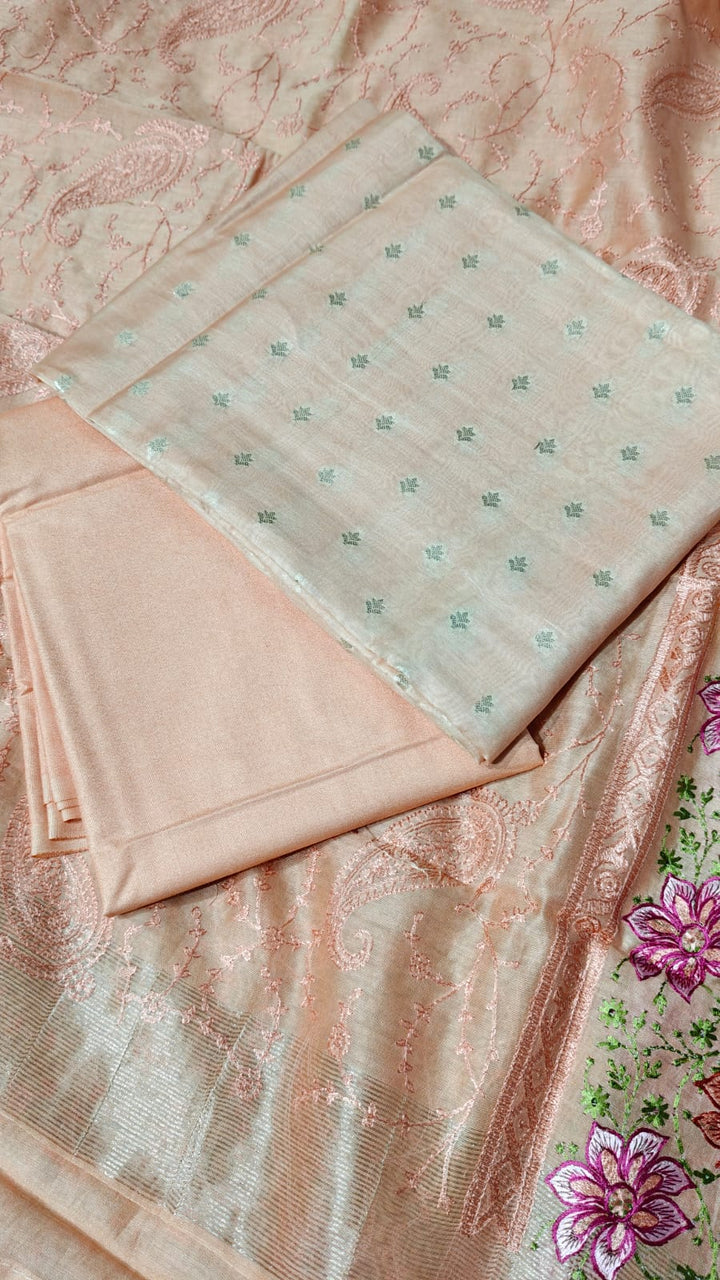 Banarasi Chanderi Silk zari  Work Unstitched Suit .Embroidery work Dupatta.