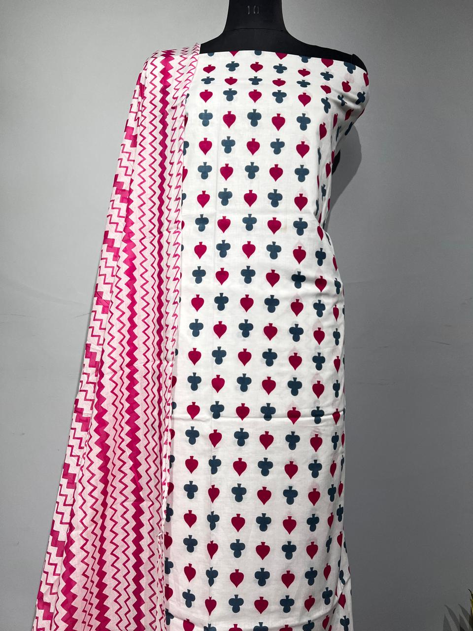 Pure Cotton Hand Block Print Unstitched Suit With Cotton Dupatta