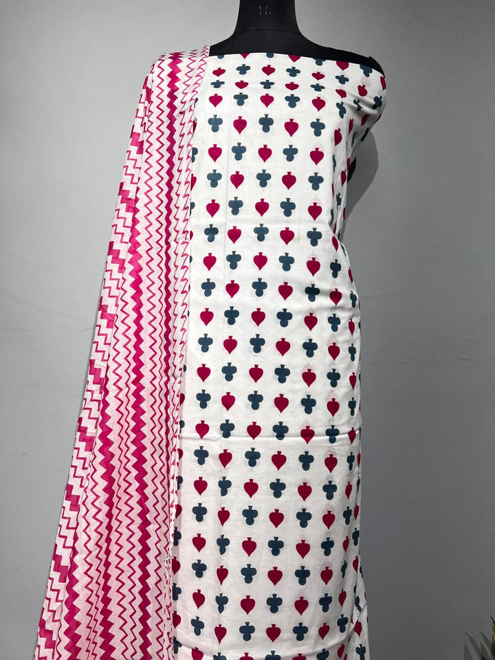 Pure Cotton Hand Block Print Unstitched Suit With Cotton Dupatta