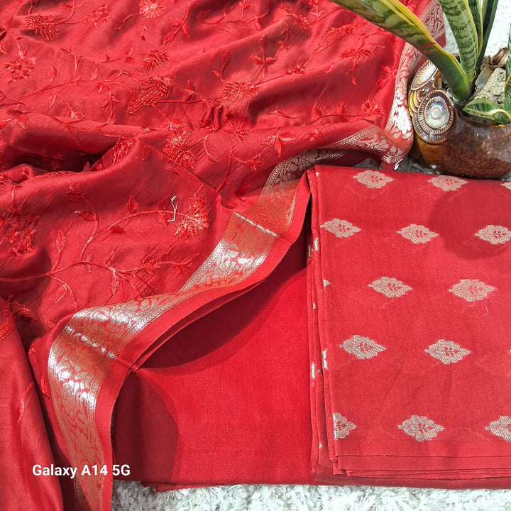 Pure Banarasi chanderi silk zari wark unstiched suit.