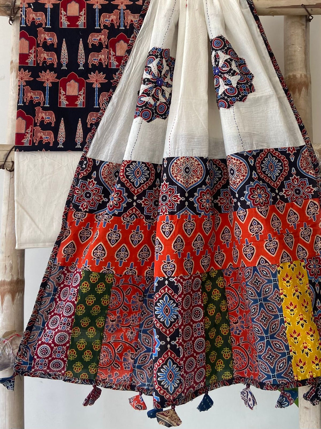 Pure Cotton Azrakh Print Unstitched suit With Hand kantha Work Dupatta