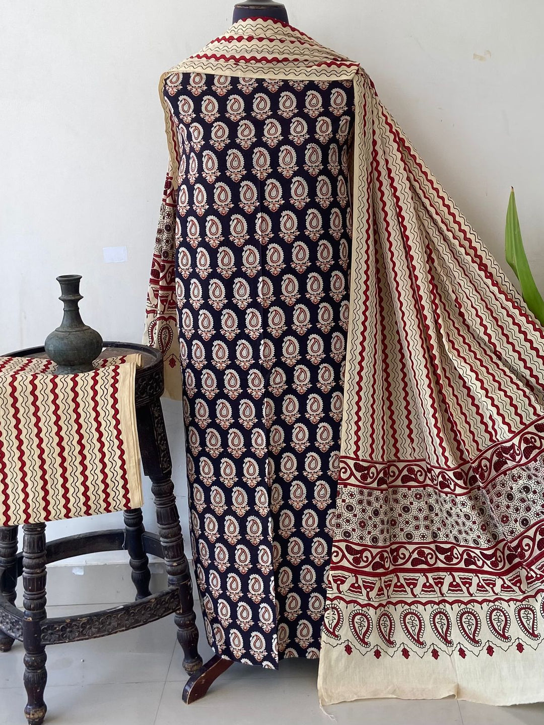 Pure Cotton Azrakh Print Unstitched Suit With  cotton Duppatta